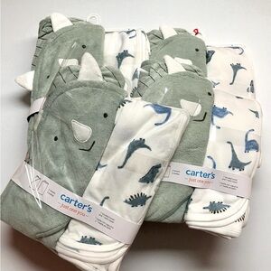 $13 NWT Carter's Baby Dino Hooded Bath Towel - Sage Green & Dino Print Blue